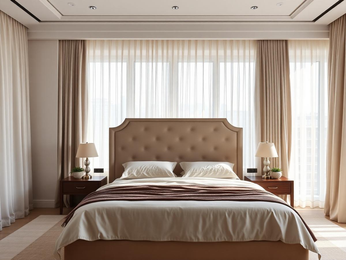 Luxury master bedroom suite with linen textures