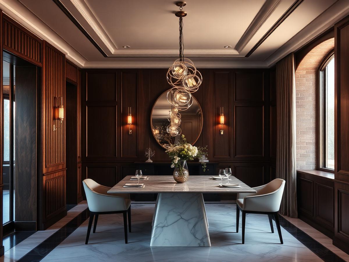 Luxury dining area with statement lighting