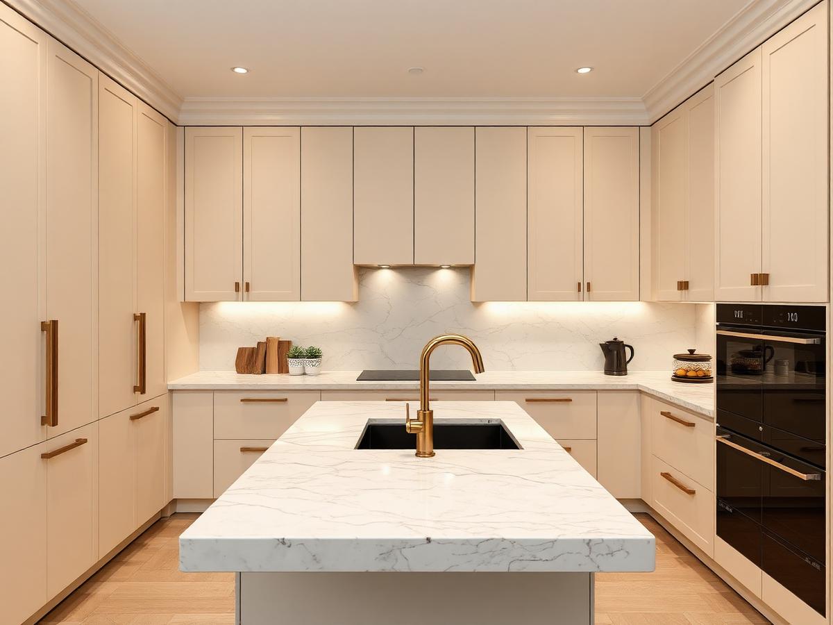 Premium modular kitchen in ivory and stone