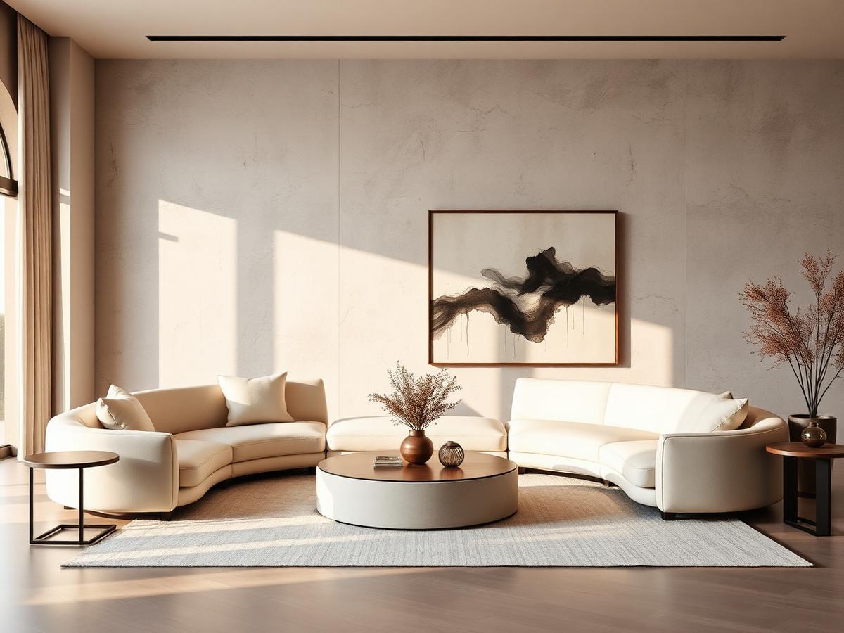 Editorial living room with warm neutral palette
