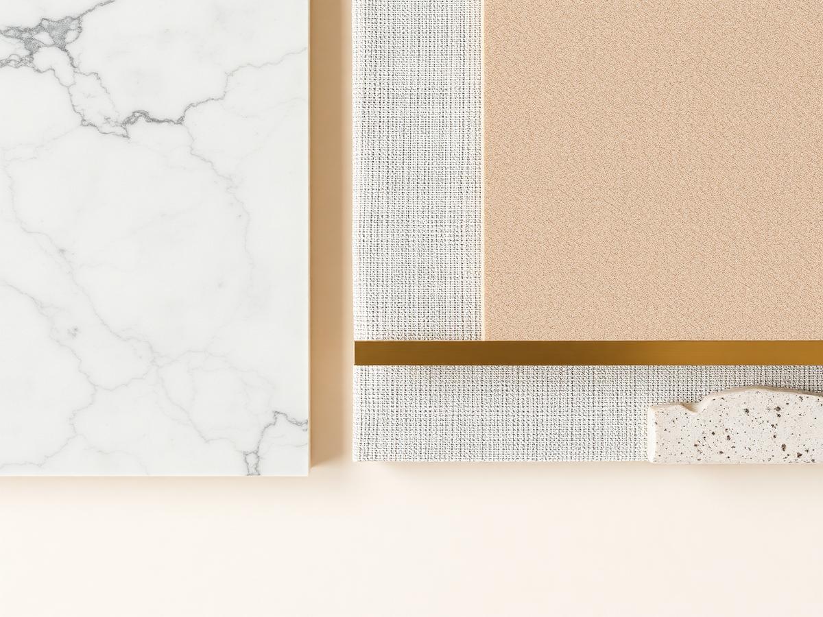 Flat lay of stone, wood and brass material samples